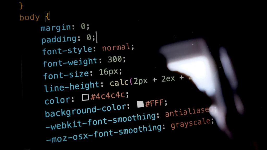 Pantalla negra que muestra código css